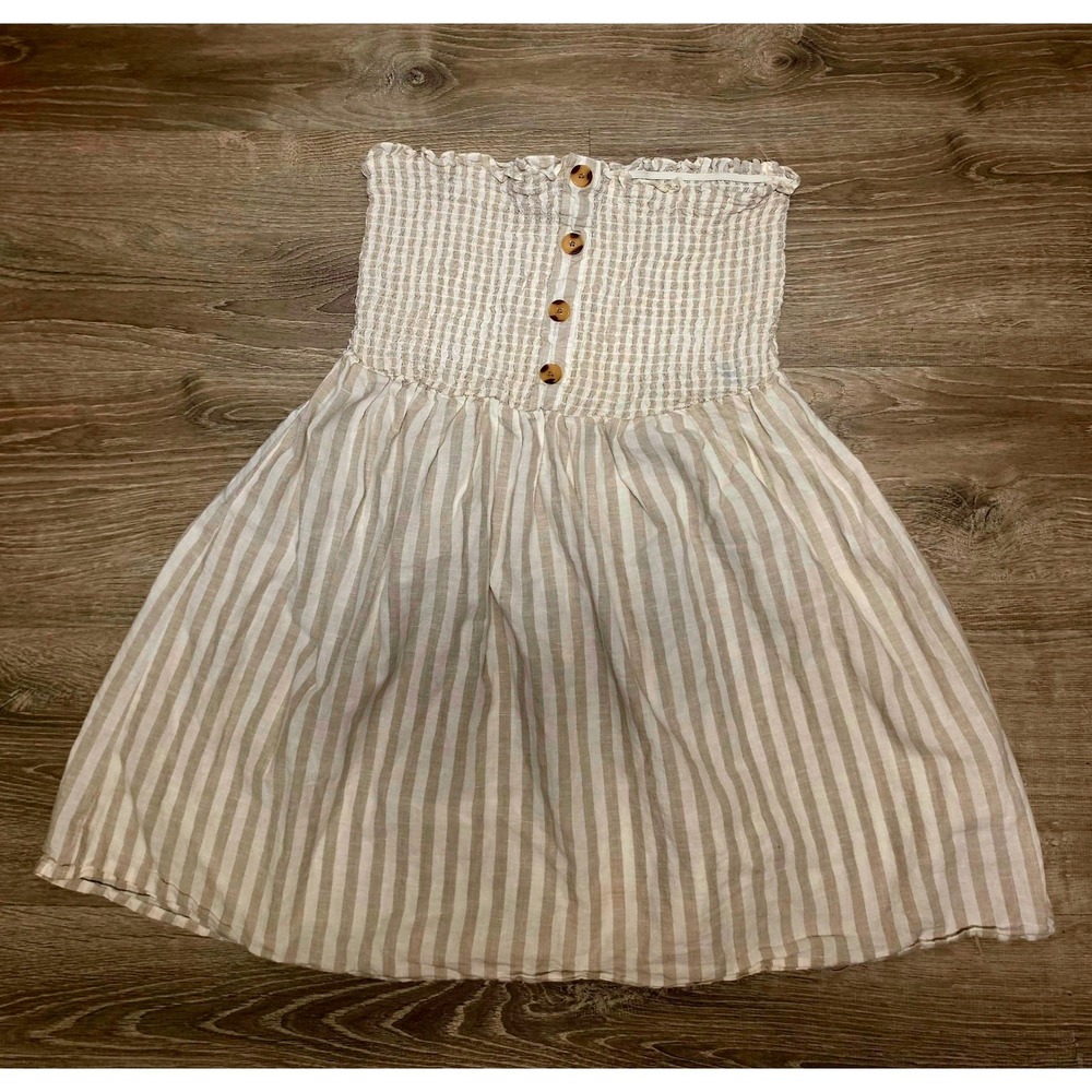 Derek Heart Plus Strapless Smocked Tube Top Tan White Striped Cotton Linen 1X